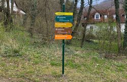 verschiedenfarbige Wegmarkierungen auf einem Metallsteher im Wald  