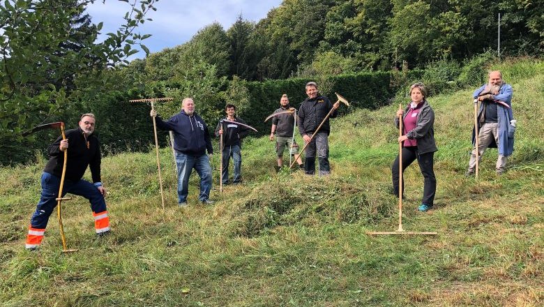 Veranstaltung: Sensenmähen auf der Streuobstwiese Feihlerhöhe Einsatzteam 2020, © Naturpark Purkersdorf