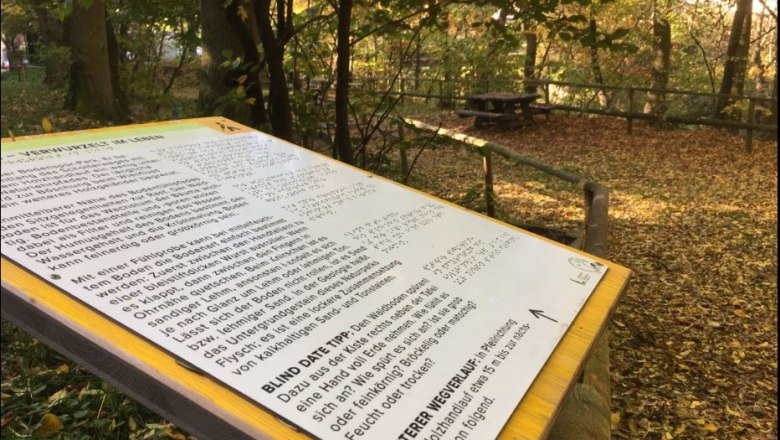 Blind Date Station mit Informationstafel mit tastbarer Schrift zum Thema &quot;Verwurzelt am Waldboden&quot;