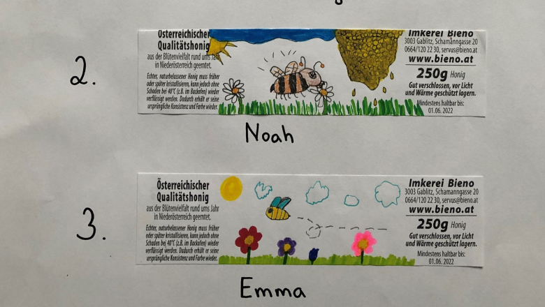 Platz 2 (Noah) &amp; 3 (Emma) des Etikettenwettbewerbs 2021, © Naturpark Purkersdorf